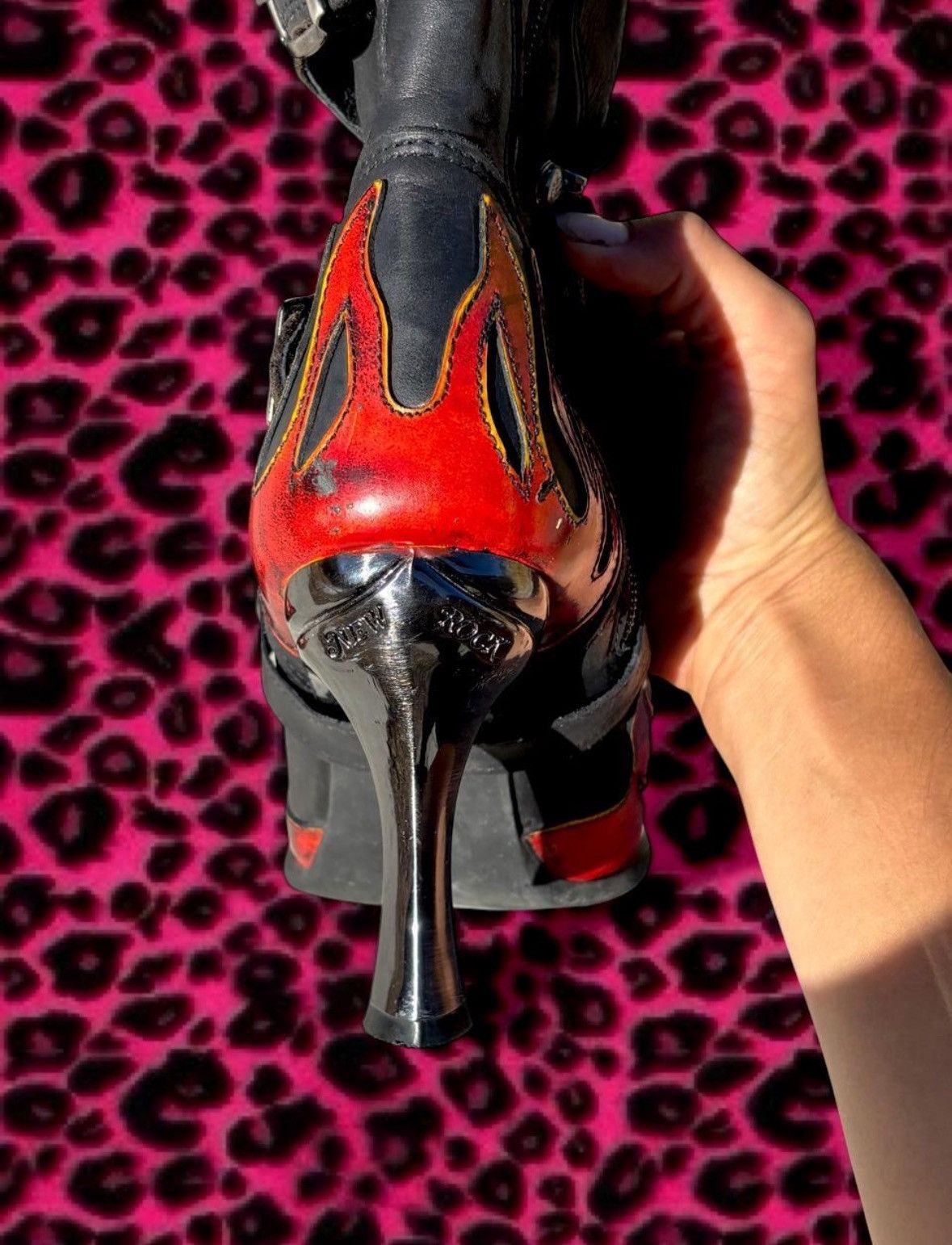 Vintage Early 2000’s New Rock Flame Chrome Stiletto Boots in Black, Women's (Size 7.5) — image 4 of 6