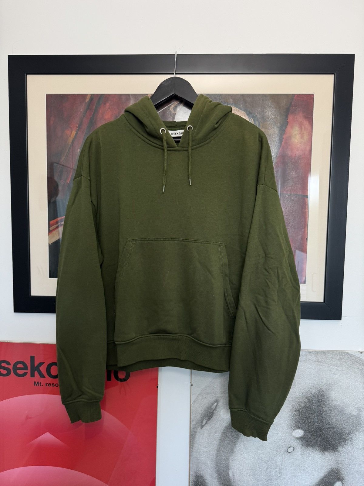 Weekday Olive Color Cropped Boxy Fit Hoodie Streetwear Blank