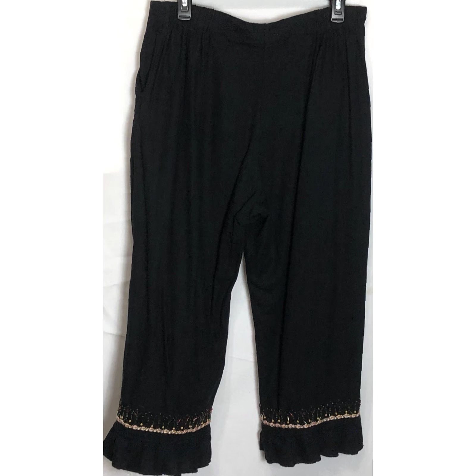 Vintage Hearts Of Palm Pants Cropped 14 Black Beaded High-rise 32"W Linen Rayon Inseam 24" x-? Size 24" / US 00 / IT 34 - 5 Thumbnail