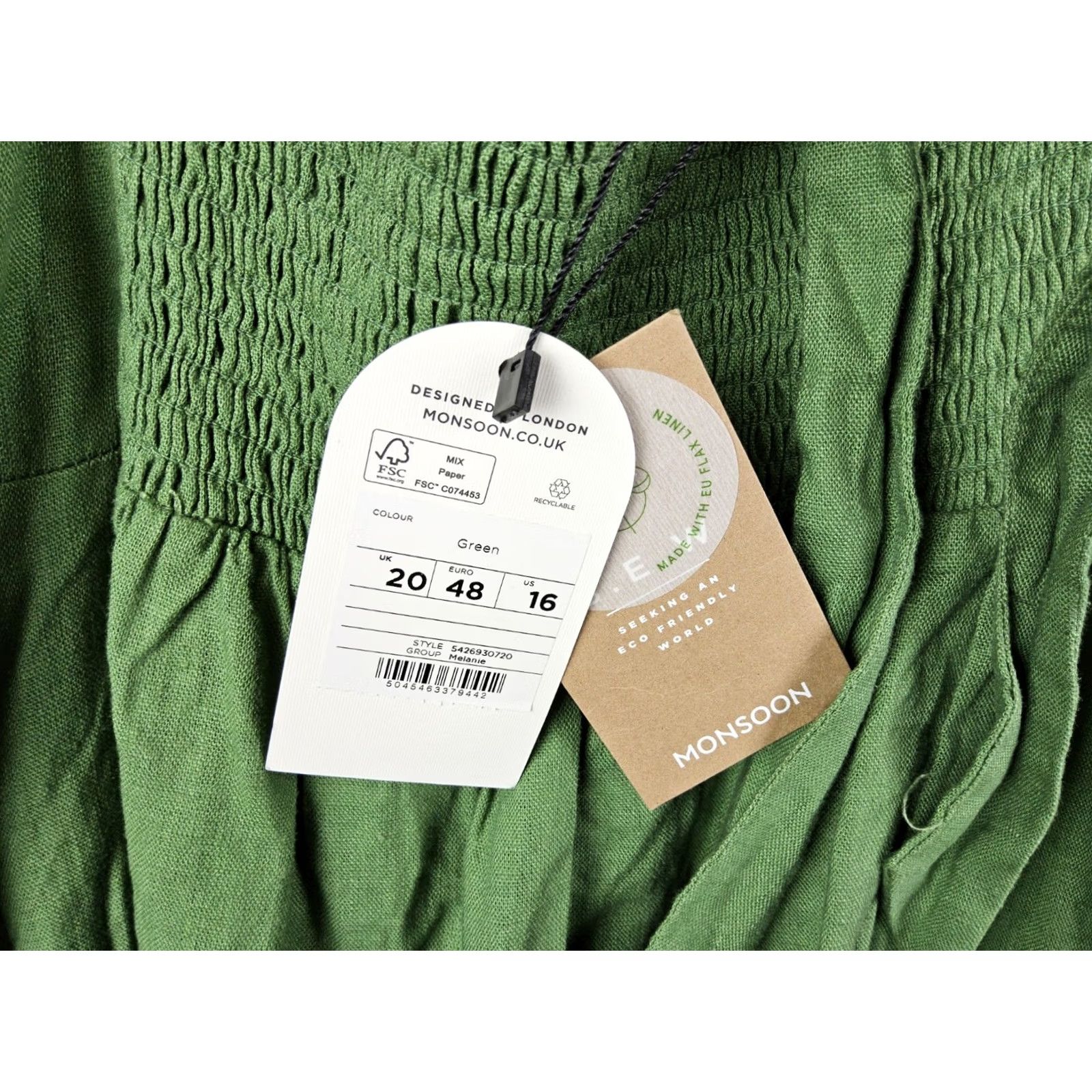 Vintage Monsoon Dress Women's Linen Viscose Tie Back Ruffle Green 16 Casual 3/4 Sleeve Long Size XXL / US 16-18 / IT 52-54 - 6 Thumbnail