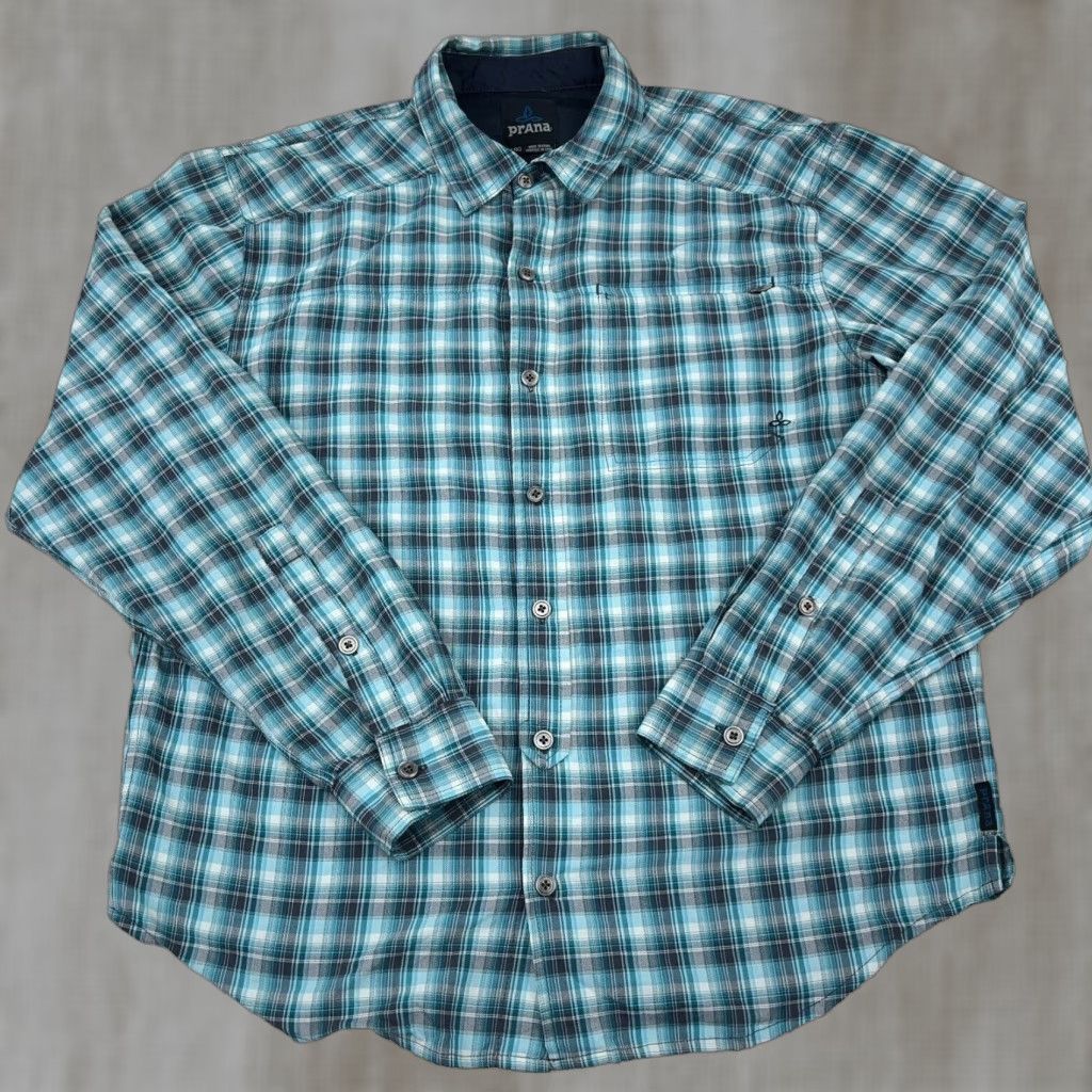 Prana prAna Shirt Men Large Blue Teal Plaid Button-Up Nylon Performance Hiking Camp Regular Fit Long Sleeve Casual Shirt Size US M / EU 48-50 / 2 - 1 Thumbnail