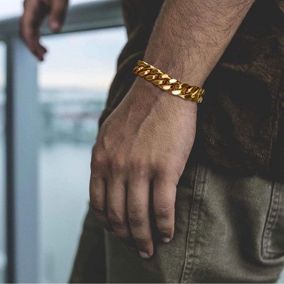 Other Men Gold 13mm Wide Stainless Steel Miami Curb Chain Bracelet Size ONE SIZE - 2 Thumbnail