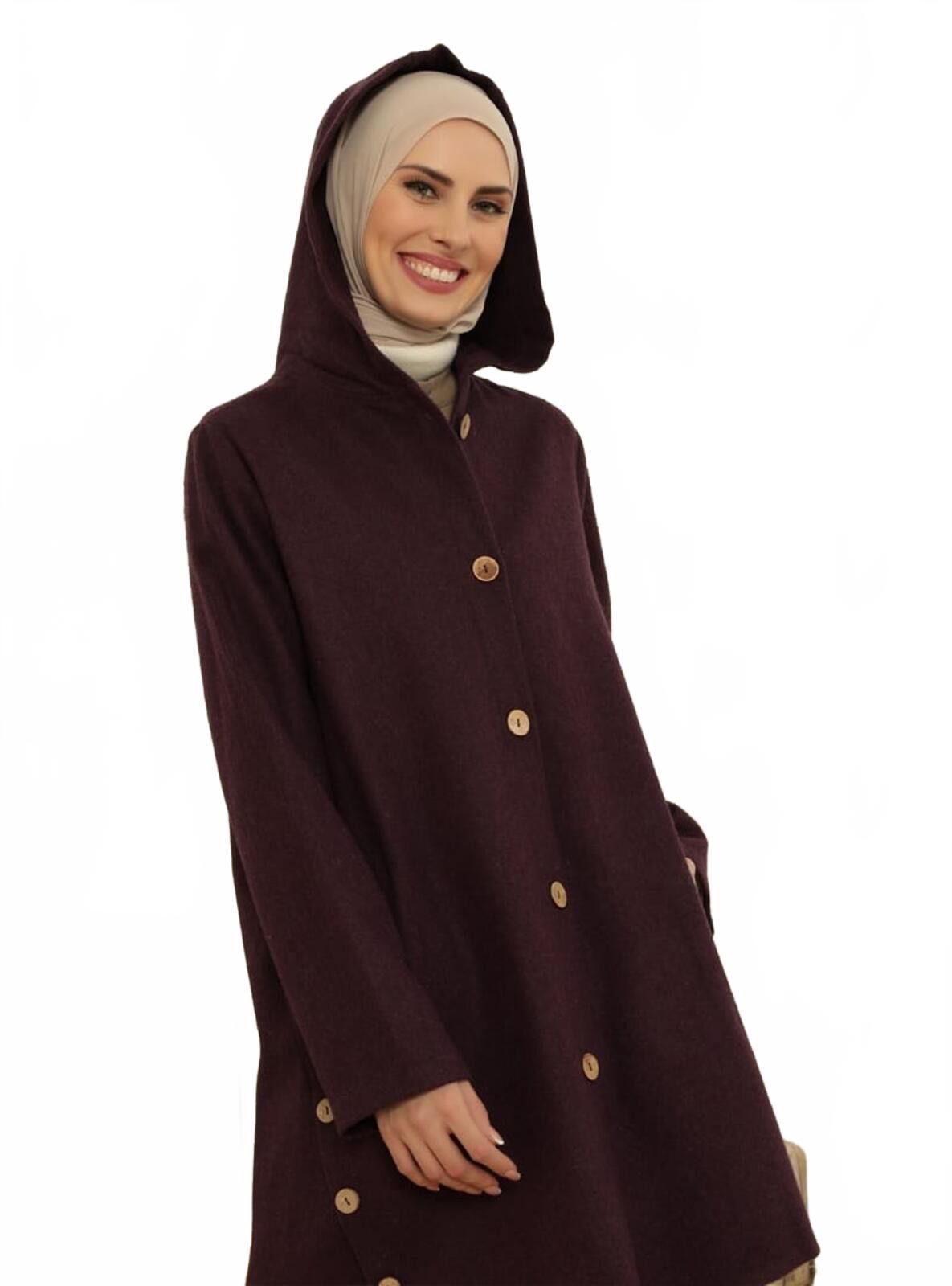 The Unbranded Brand Elegant Burgundy Button-Up Long Sleeve Coat with Hood Size M / US 6-8 / IT 42-44 - 6 Thumbnail