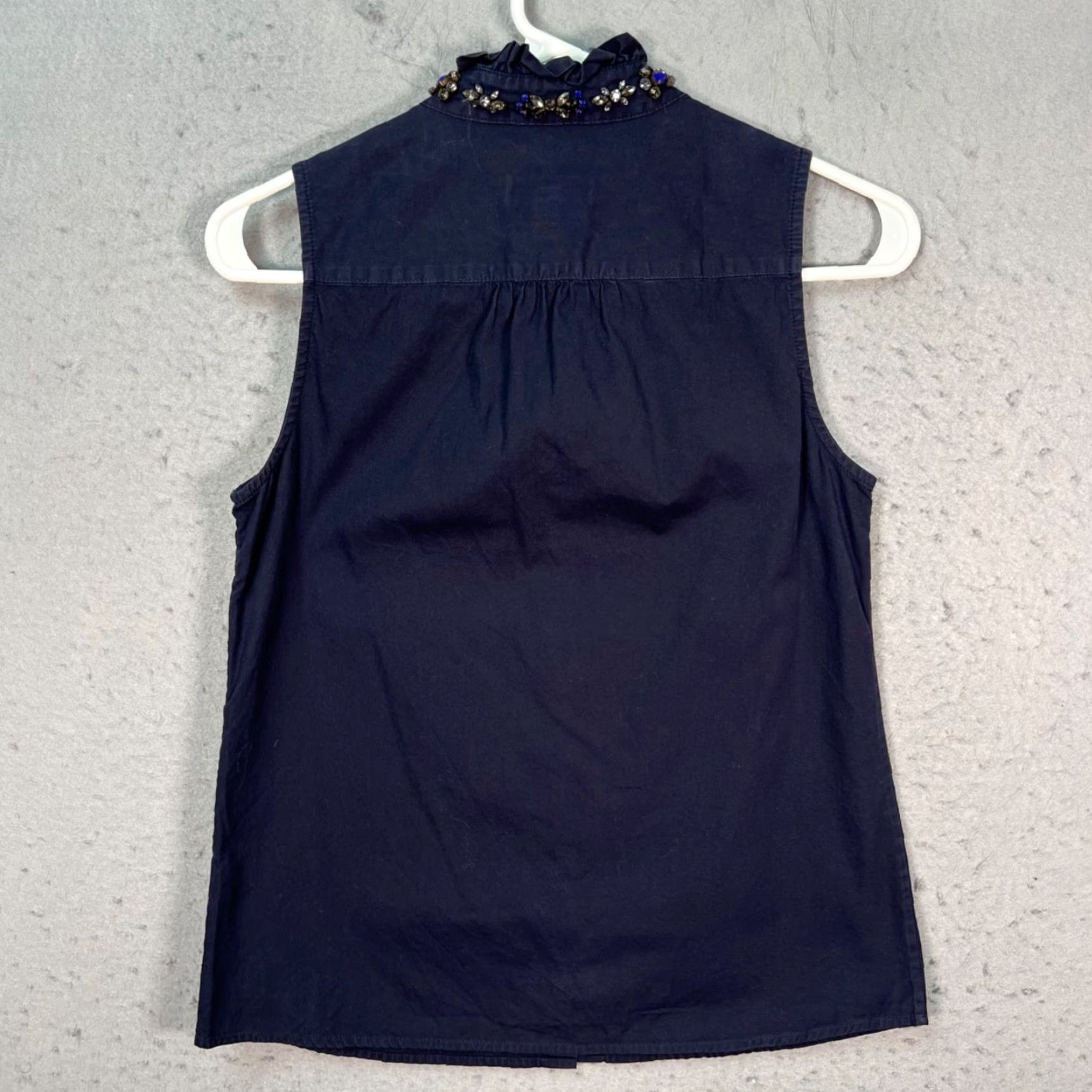 J.Crew J. Crew Blouse Navy Blue Sleeveless Cotton Embellished Jeweled Collar 00 Size XXS / US 00 / IT 34 - 2 Thumbnail