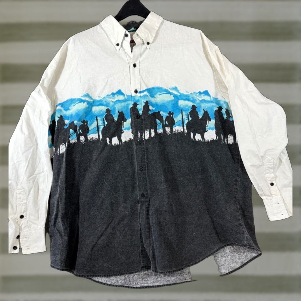 Free Country VINTAGE Pure Country Western Shirt Mens 2XL White Black Cowboy Button-Up Long Sleeve VTG Size US XXL / EU 58 / 5 - 1 Thumbnail
