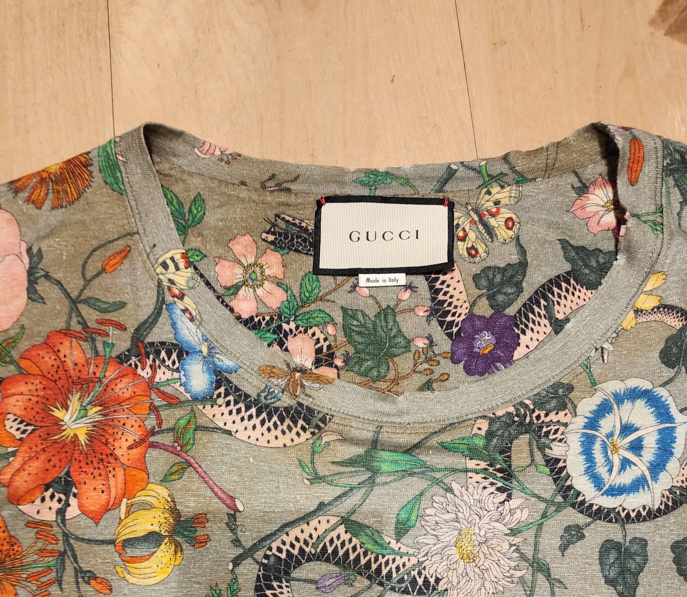 Gucci GUCCI Linen Floral Snake Print Damage Processing T-shirt XL Size US XL / EU 56 / 4 - 2 Thumbnail