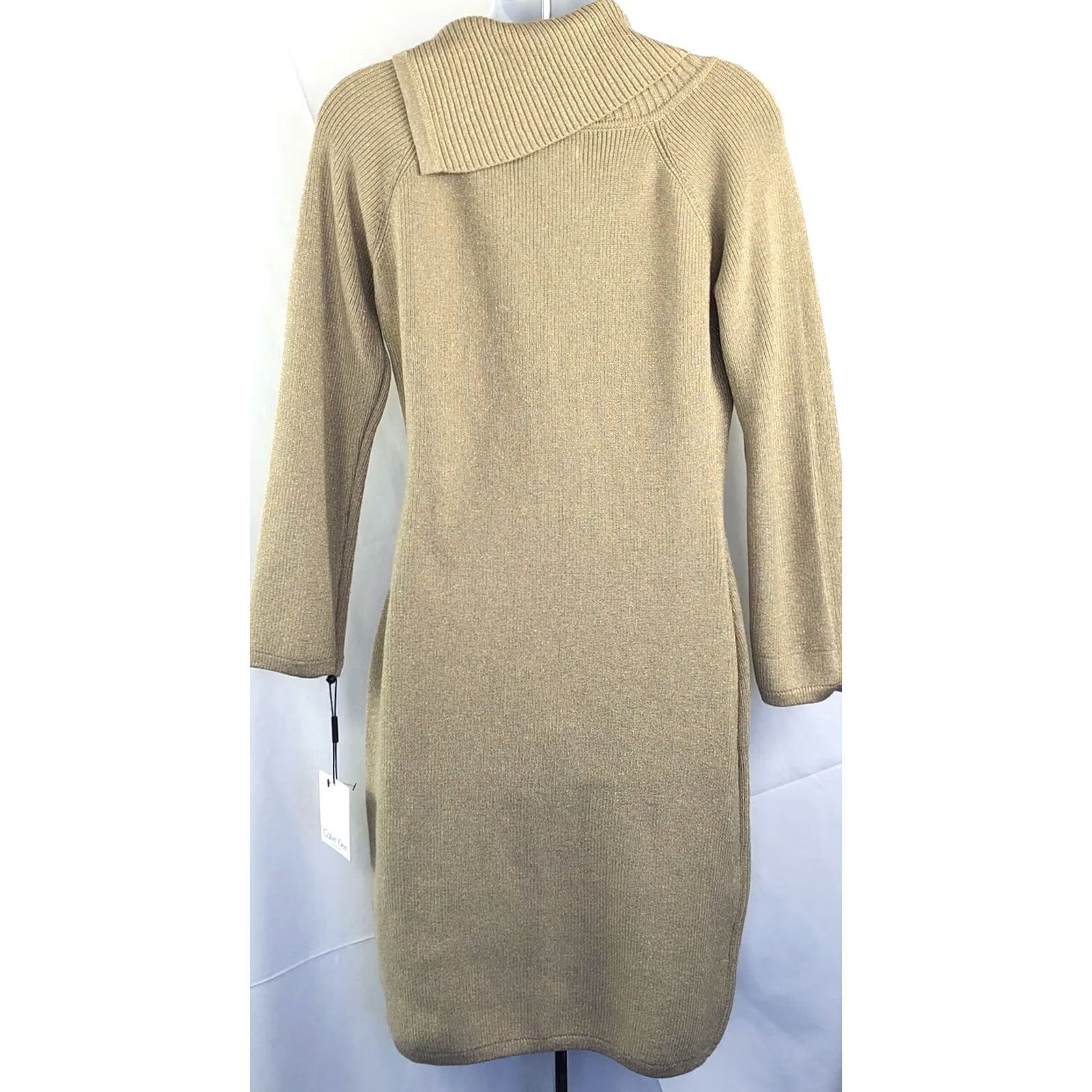 Calvin Klein VINTAGE Calvin Klein Sweater Dress M Gold Glitter Cowl Neck Logo Pin Glam Coquette Size M / US 6-8 / IT 42-44 - 5 Thumbnail