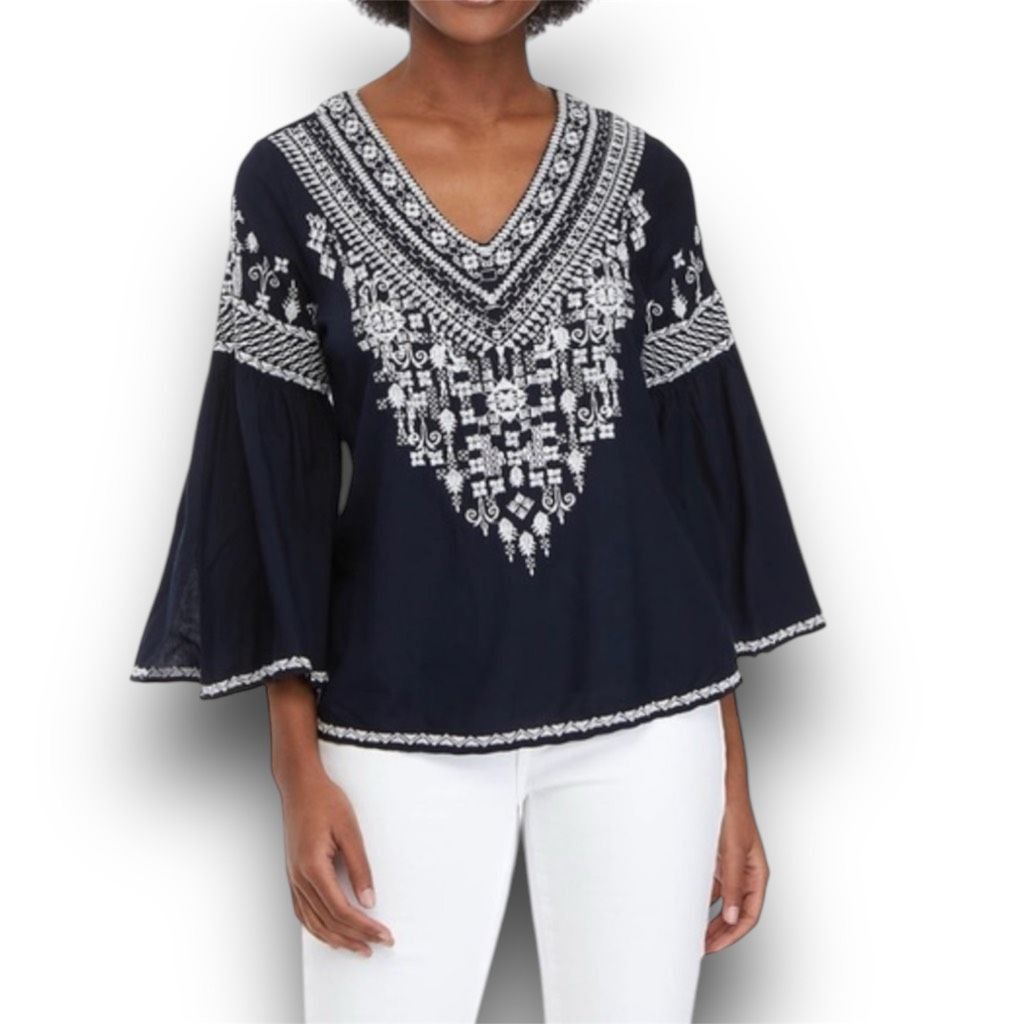 Chelsea Soccer Chelsea & Theodore Black Beige Embroidered Boho Bell Sleeve Size M / US 6-8 / IT 42-44 - 1 Thumbnail