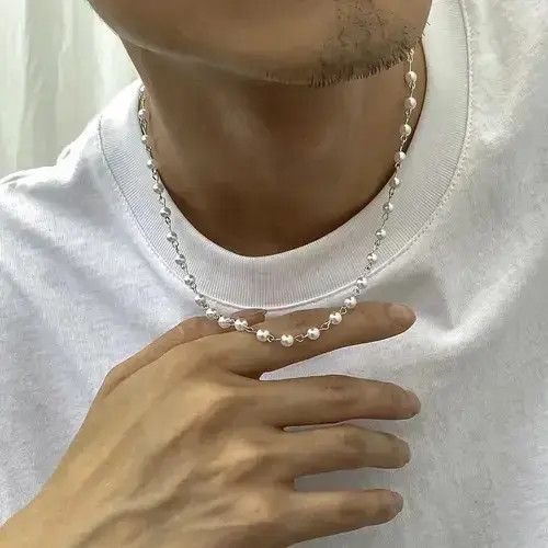 Jewelry x Vintage Small Pearl Beads Necklace in Silver, Men's