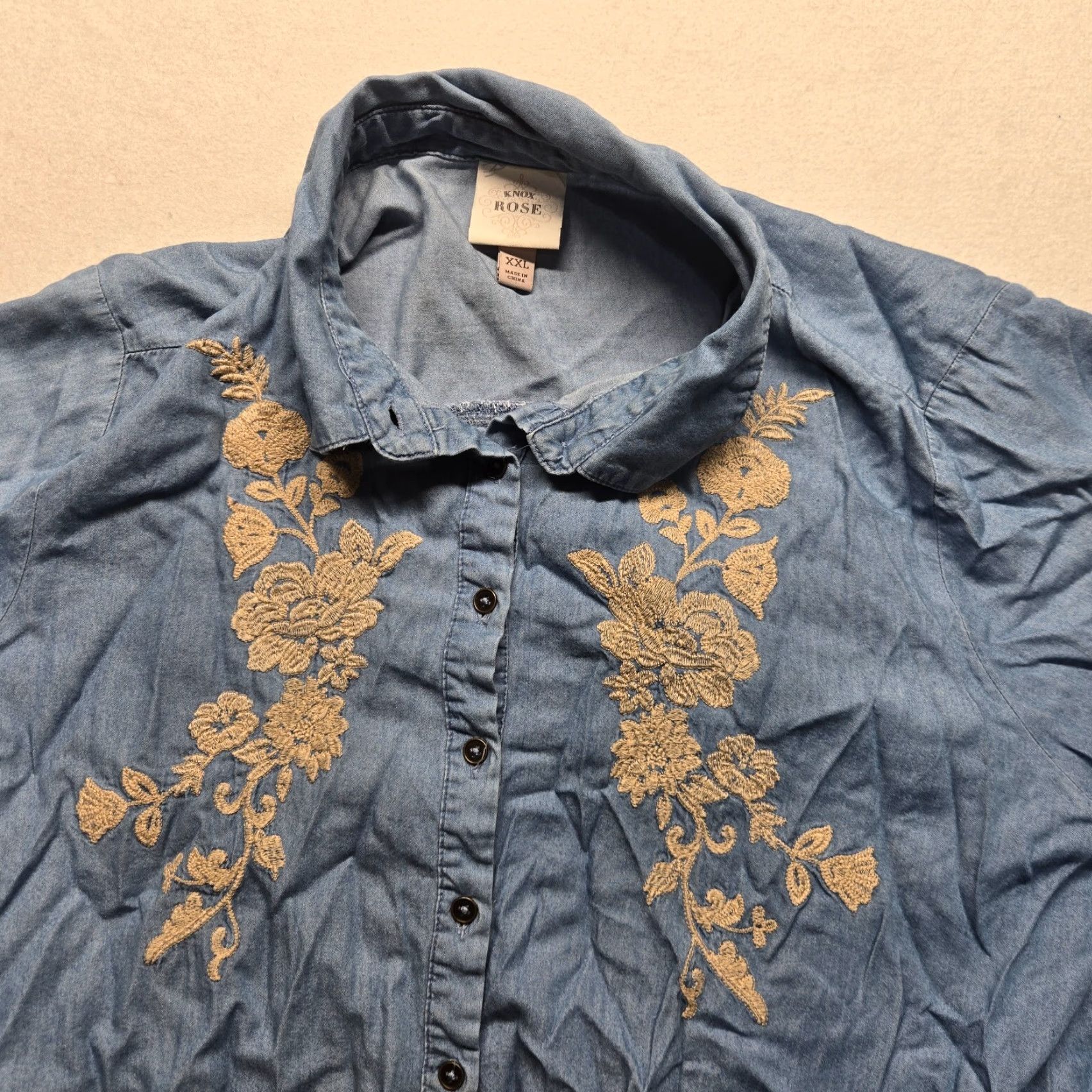 Vintage VINTAGE Knox Rose Bohemian Blouse Shirt Women’s 2XL Long Sleeve Chambray Floral Embroidered Ruffle Casual Size XXL / US 16-18 / IT 52-54 - 2 Thumbnail