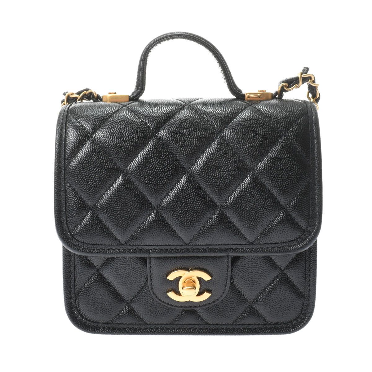 Chanel Small Top Handle Flap Bag Black Gold Hardware Grained Calfskin Shoulder Bag
