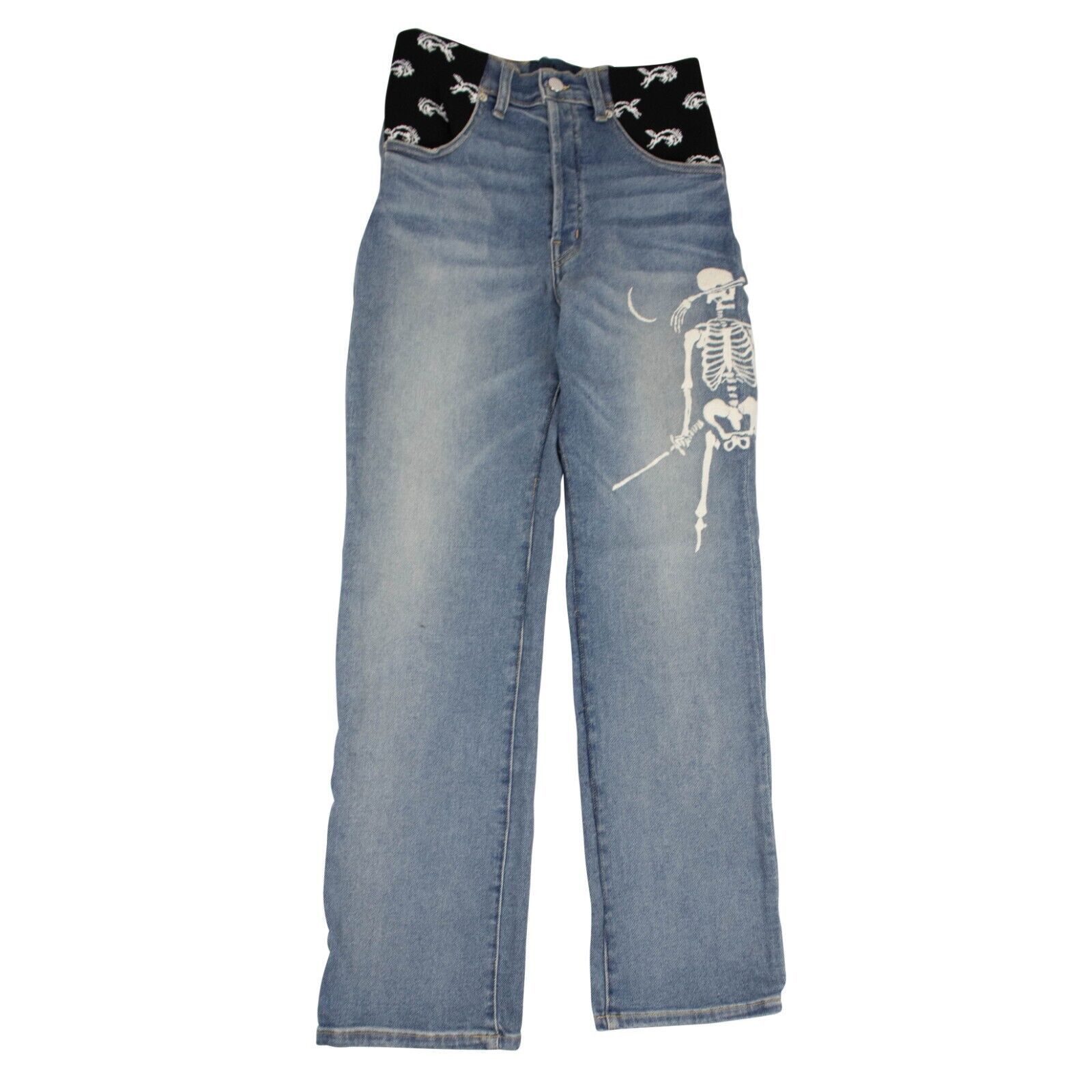 image of Lost Daze Indigo Blue Skeleton Moon Crop Flared Jeans Size 27, Women's