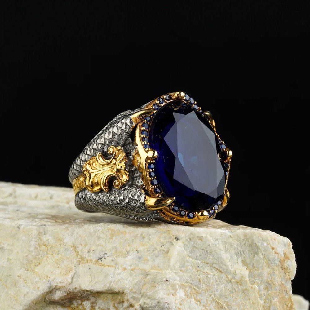 Designer Men's Handmade Blue Sapphire Open Two-Tone Ottoman Ring Size ONE SIZE - 2 Thumbnail