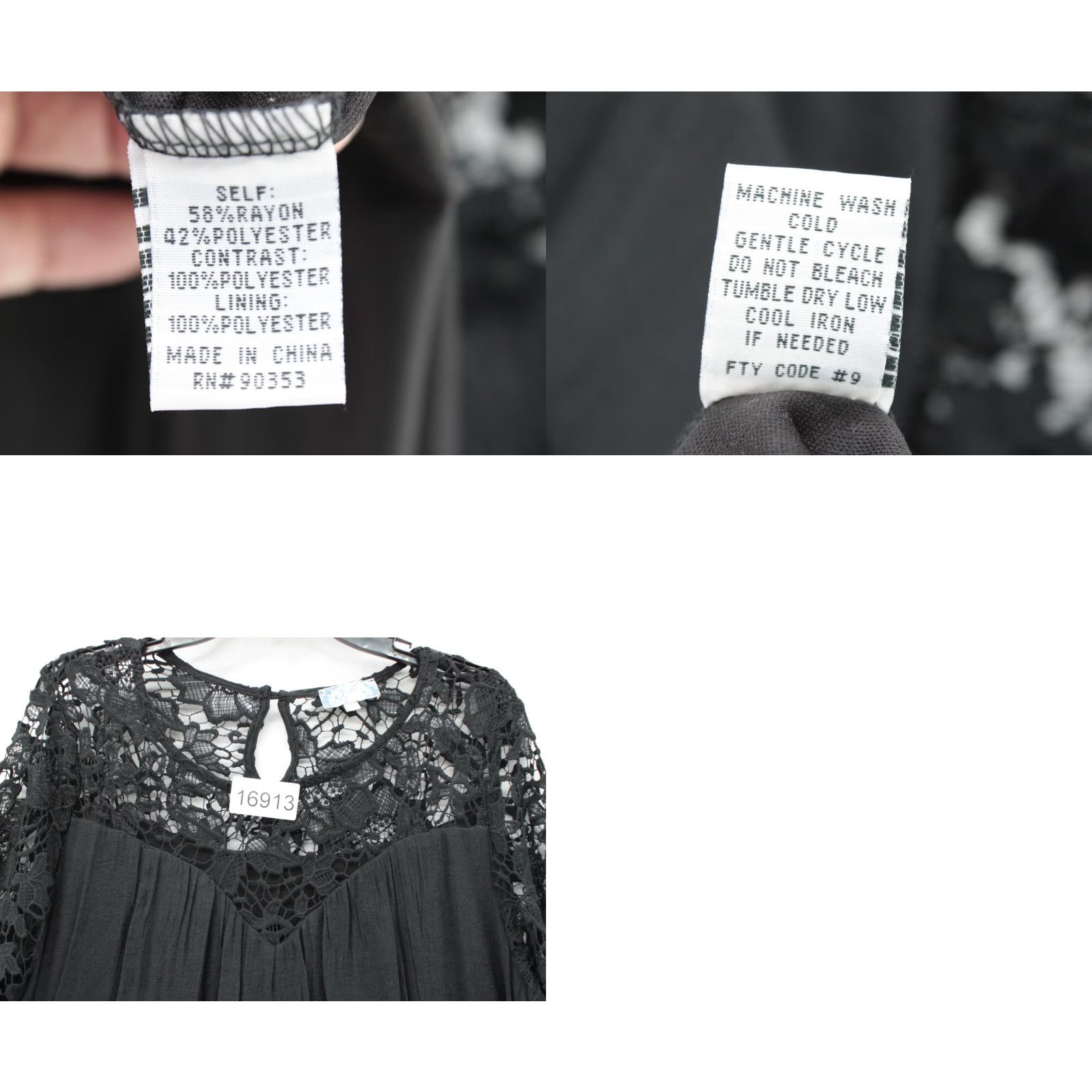 Bell J. Gee Witchy Black Dress 1X Boho Crochet Lace Bell Sleeves Sheer Goth Whimsical Size XL / US 12-14 / IT 48-50 - 8 Thumbnail