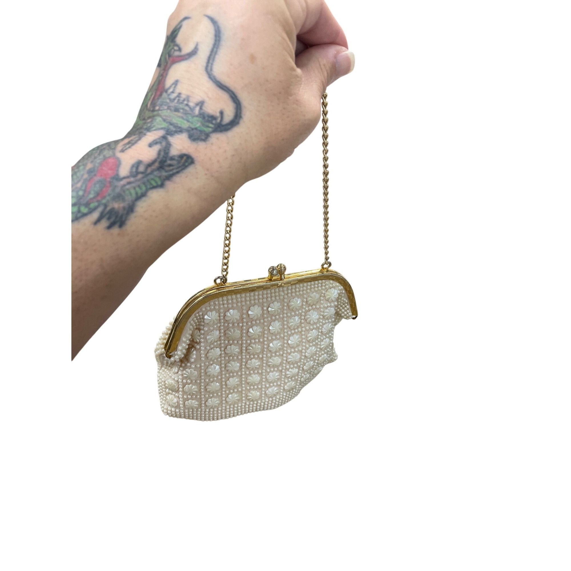 Handmade Vintage Honk Kong Pearl Flower Beaded Evening Clutch Purse S Size ONE SIZE - 15 Thumbnail