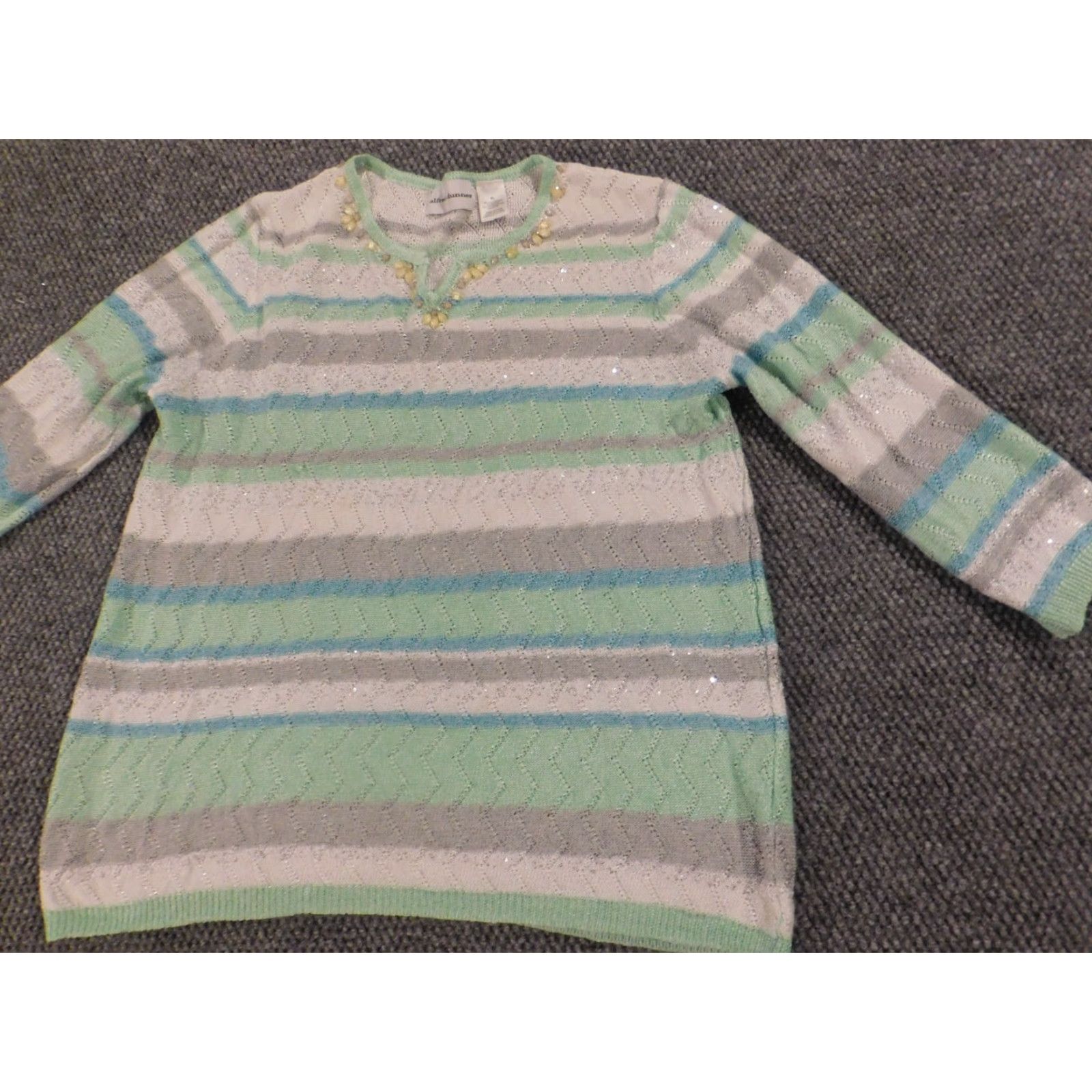 Vintage Alfred Dunner Sweater Womens XL Green Striped Pullover Crew Neck Knit Cap Sleeve Casual Regular Modern Knit Polyester Button Vintage No Size XL / US 12-14 / IT 48-50 - 3 Thumbnail