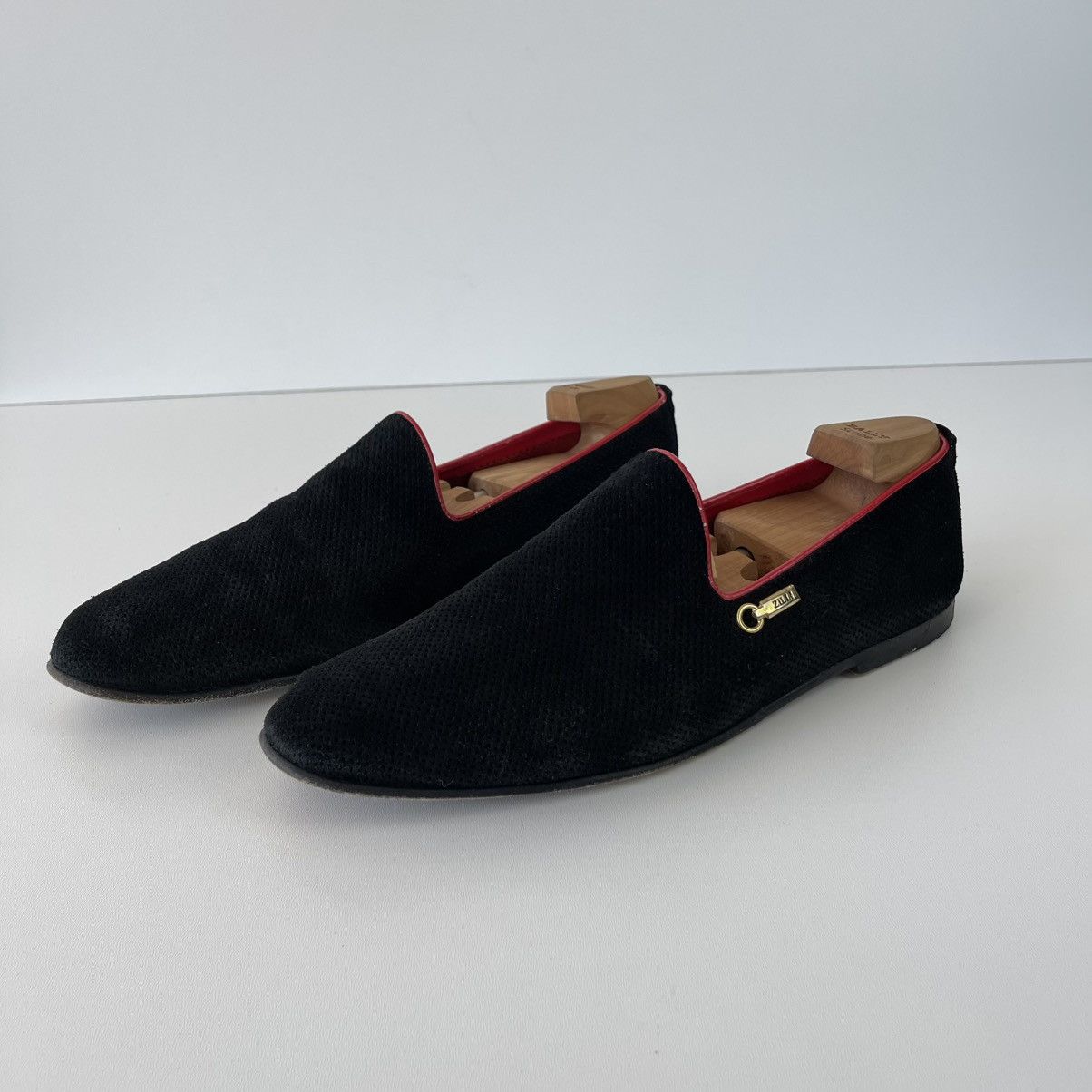 Zilli Suede Loafers Leather Perforation Shoes Black Rare