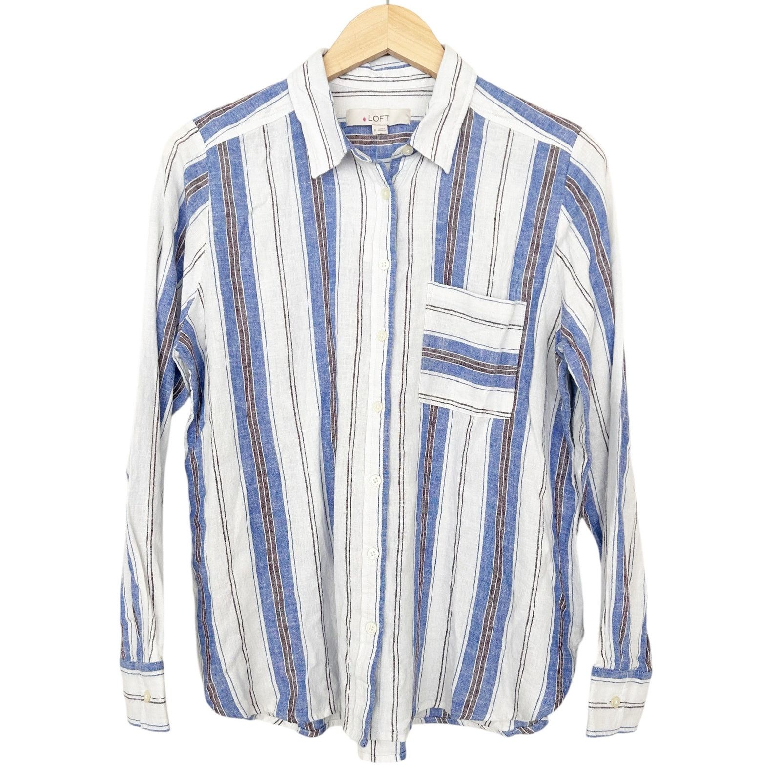 Loft Loft Blue White Striped Linen Blend Long Sleeve Button Down Size M / US 6-8 / IT 42-44 - 1 Thumbnail