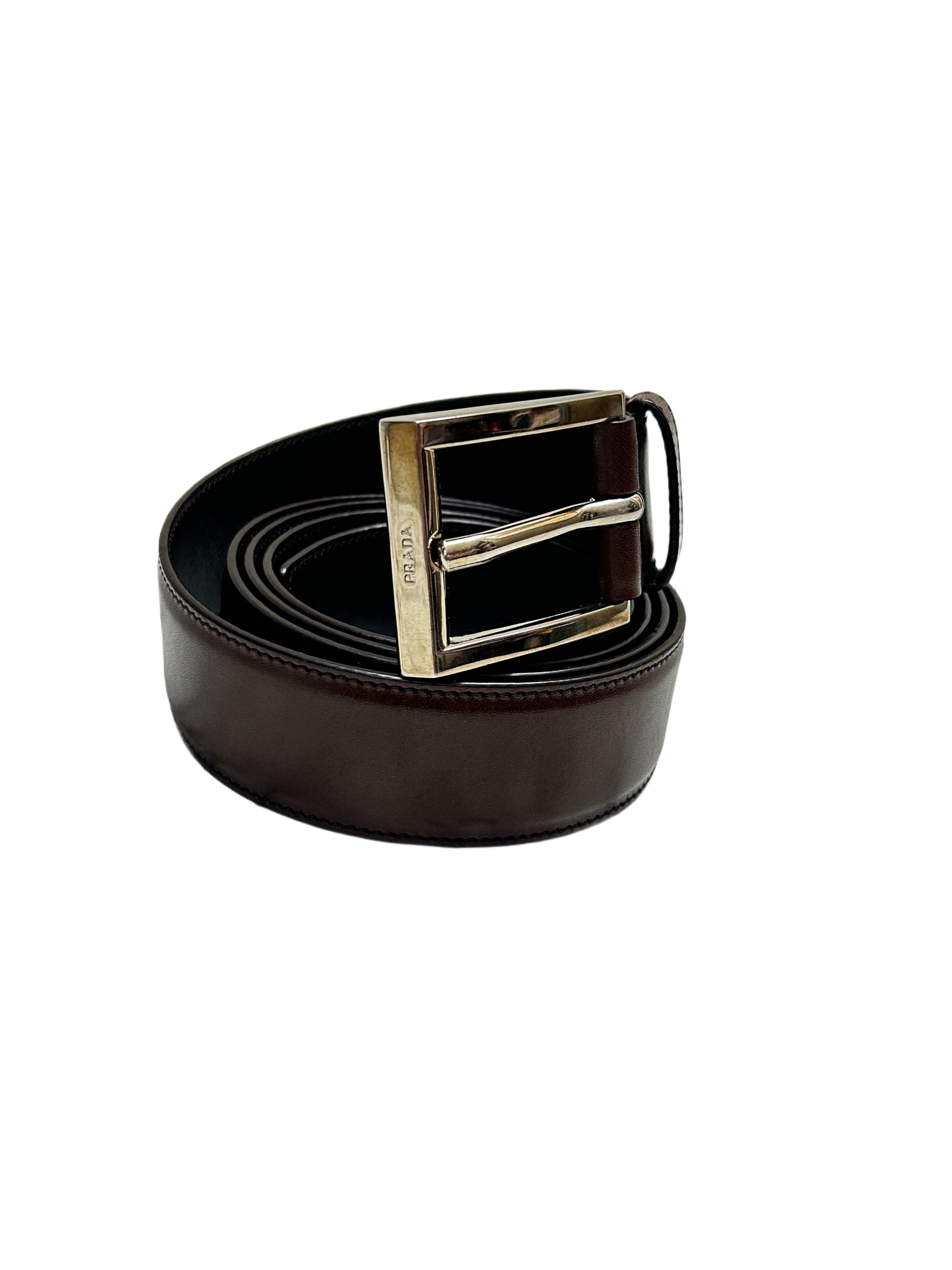 Prada Prada Brown Calfskin Smooth Leather Notch Buckle Belt Size 38 - 2 Thumbnail