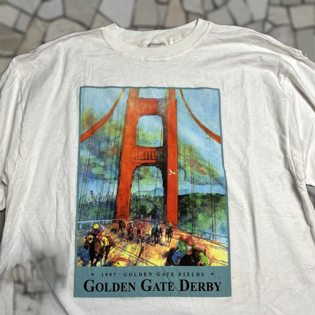 VINTAGE Body Equip Golden Gate Derby San Francisco Bridge Art Tee Shirt L White Unisex 1990s Graphic Tee