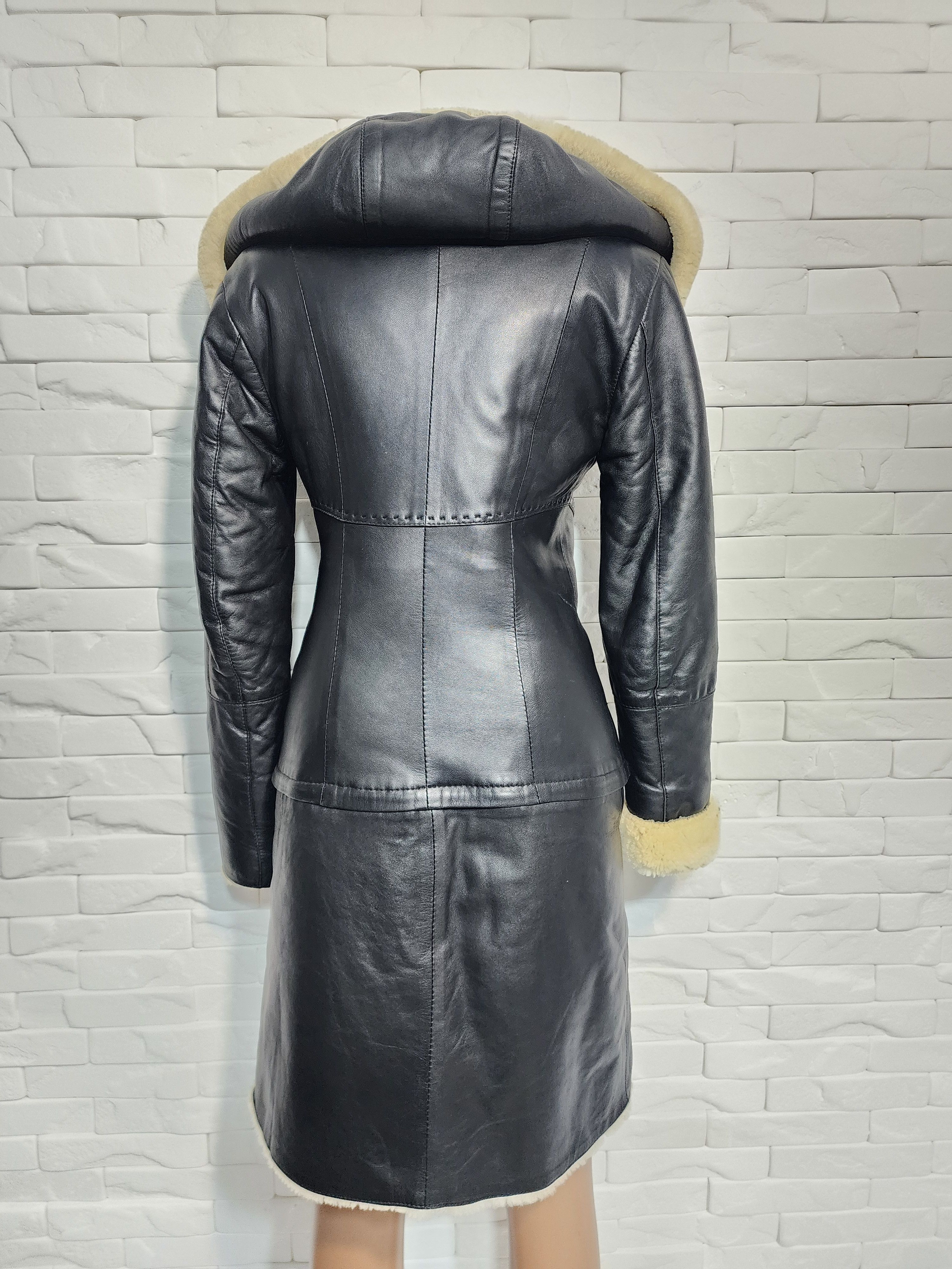 Genuine Leather Hooded Black Sheepskin Coat: Detachable Bottom Jacket Size XS / US 0-2 / IT 36-38 - 5 Thumbnail