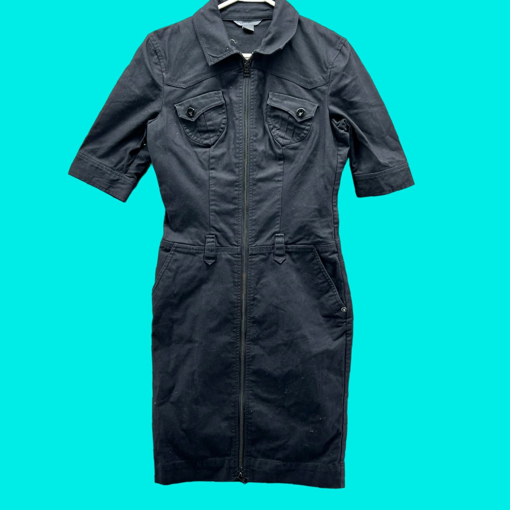 Armani Exchange Armani Exchange Dress Womens 6 Black Zip Up Utility Stretch Shirt Short Sleeve Dress Mens Womens Girls Boys Size M / US 6-8 / IT 42-44 - 1 Thumbnail