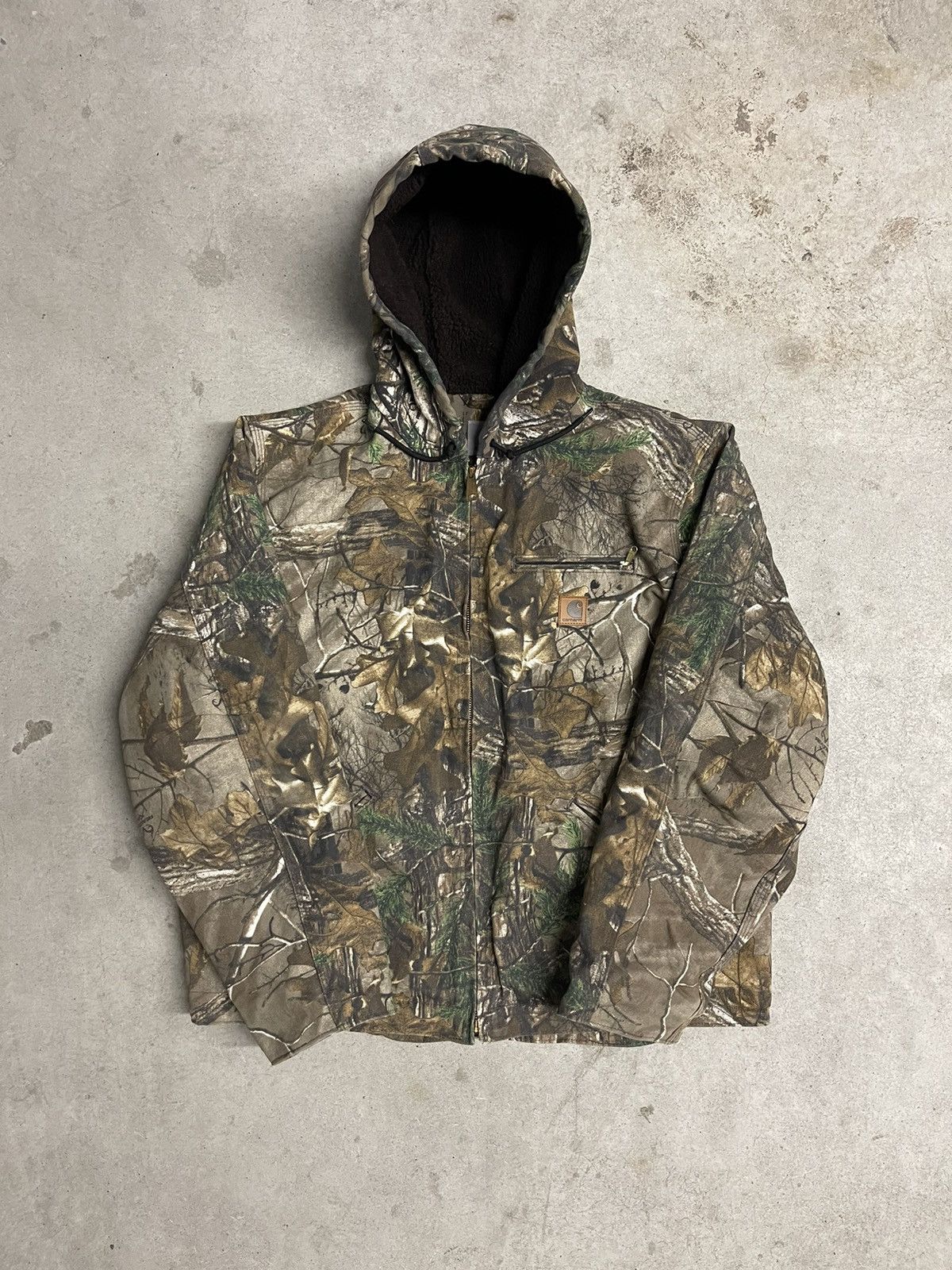 image of Y2K Carhartt Camo Hooded Detroit Jacket Sherpa Lined, Men's (Size XL)