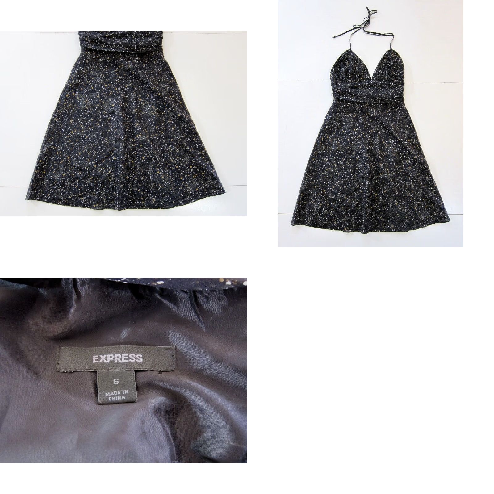 Express VINTAGE Express 100% Silk Black Gold White Speckled Empire Halter Sun Dress Women 6 Size M / US 6-8 / IT 42-44 - 8 Thumbnail