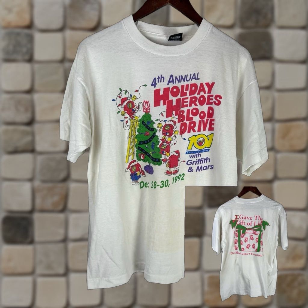 Vintage VINTAGE 90s T-Shirt Houston 101 KLOL Holiday Hero Blood Drive Single Stitch XL White Screen Stars Best Men Shirt Mens Size US XL / EU 56 / 4 - 1 Thumbnail