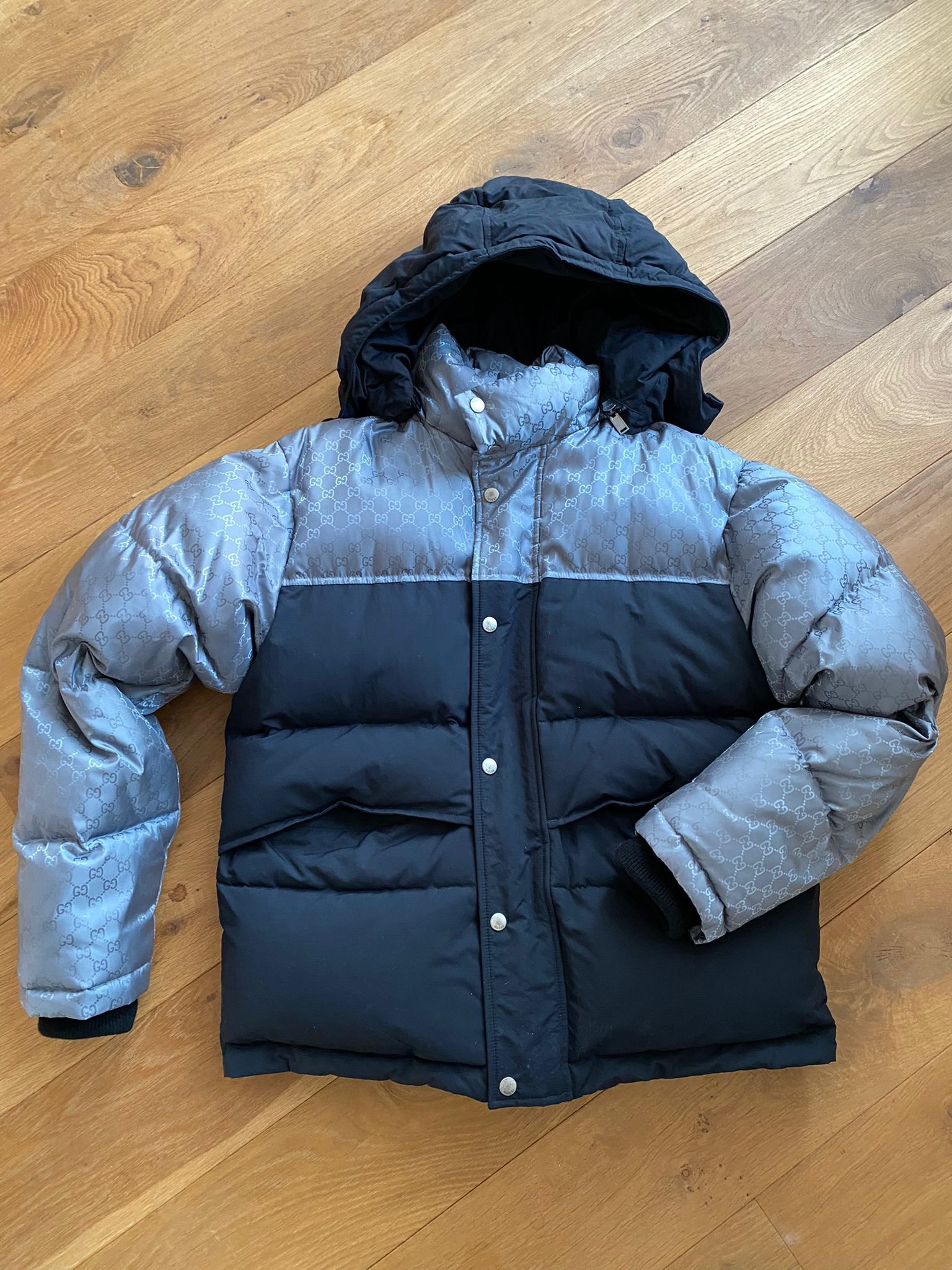 image of Gucci Grey Down Jacket in Blue Grey, Men's (Size Small)