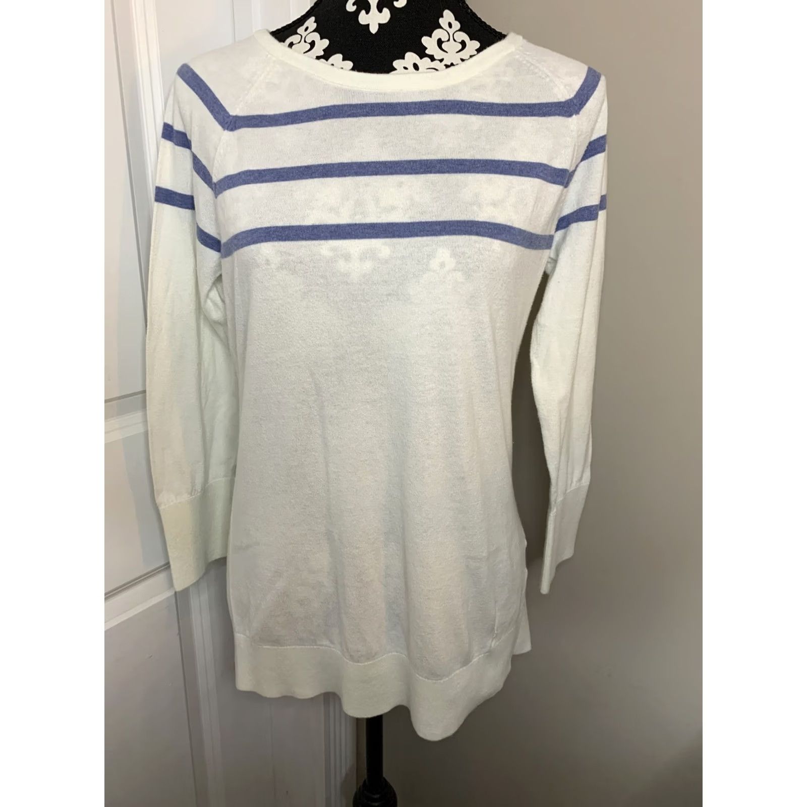 Nautica Nautica Women’s Knit Long Sleeve Sweater Top M Ivory/Blue, 100% Cotton, Striped, Round Neck, Pullover, Pre Owned, Regular Size, Womens Size M / US 6-8 / IT 42-44 - 3 Thumbnail