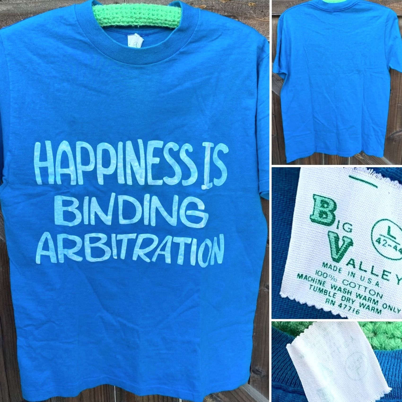 Vintage VINTAGE Happiness Is Binding Arbitration t shirt Big Valley Mens Large Blue Cotton Graphic Tee 70s 80s RN 47716 Size US L / EU 52-54 / 3 - 6 Thumbnail