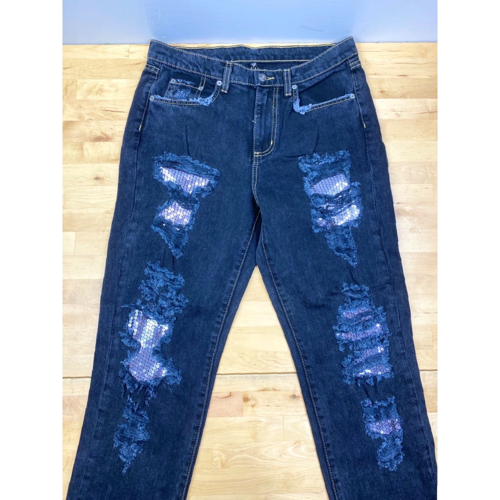 Vintage Car Mar Sequins Patch Womens Mid Rise Baggy Jeans Size 27 Black #6788 Size 27" / US 4 / IT 40 - 2 Thumbnail