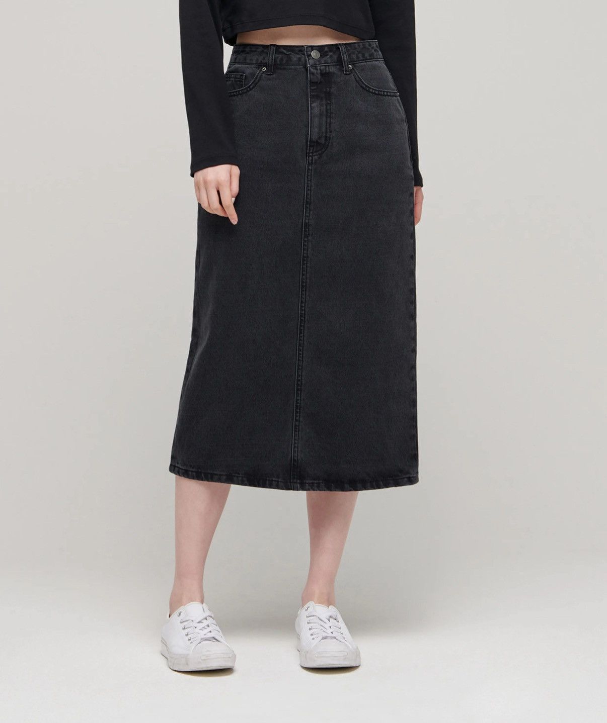MUSINSA Musinsa Standard Denim Midi Skirt Washed Black sz XS Size 24" / US 00 / IT 34 - 2 Thumbnail