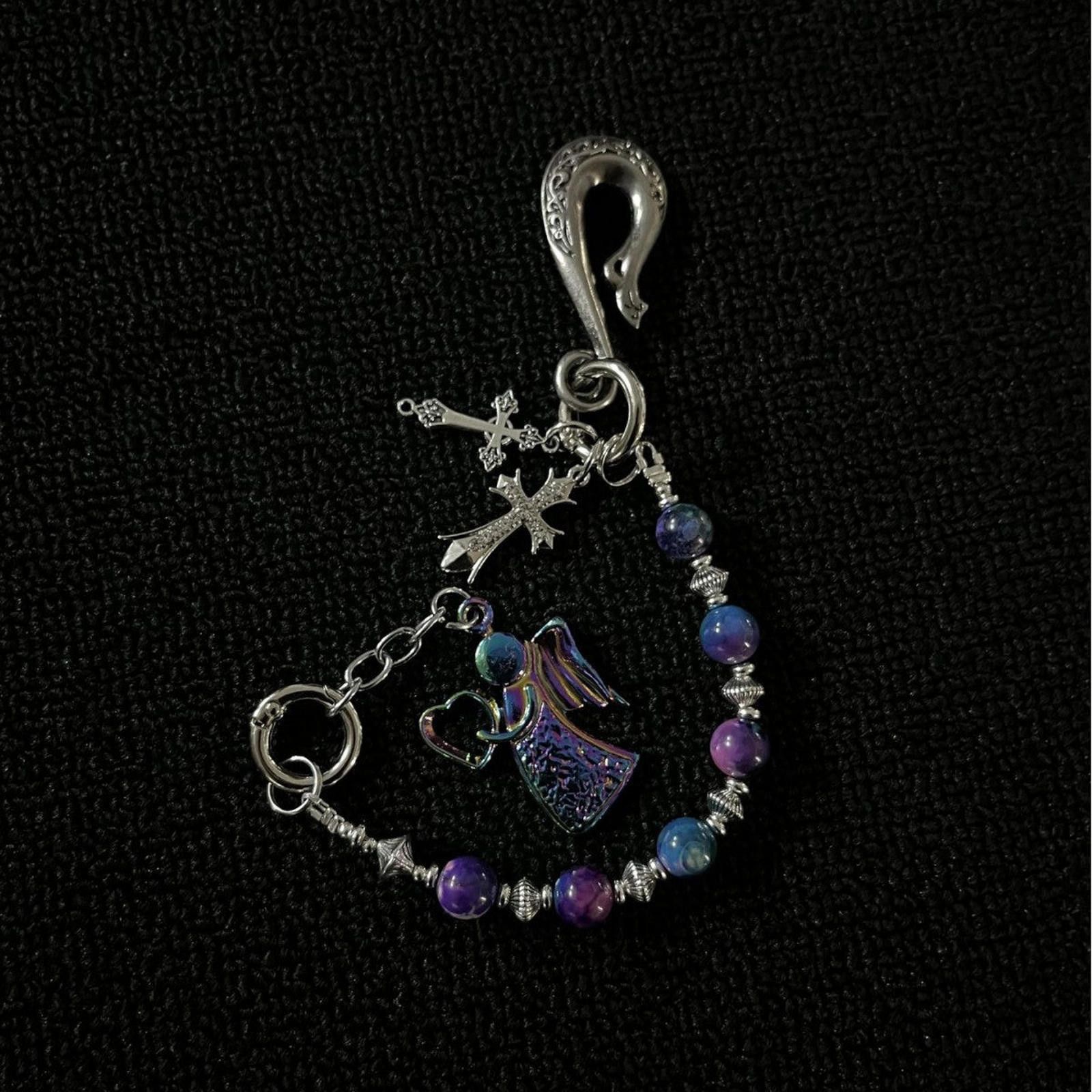 Jewelry Purple Beaded Angel Keychain, Handmade Charm Accessory Size ONE SIZE - 2 Thumbnail