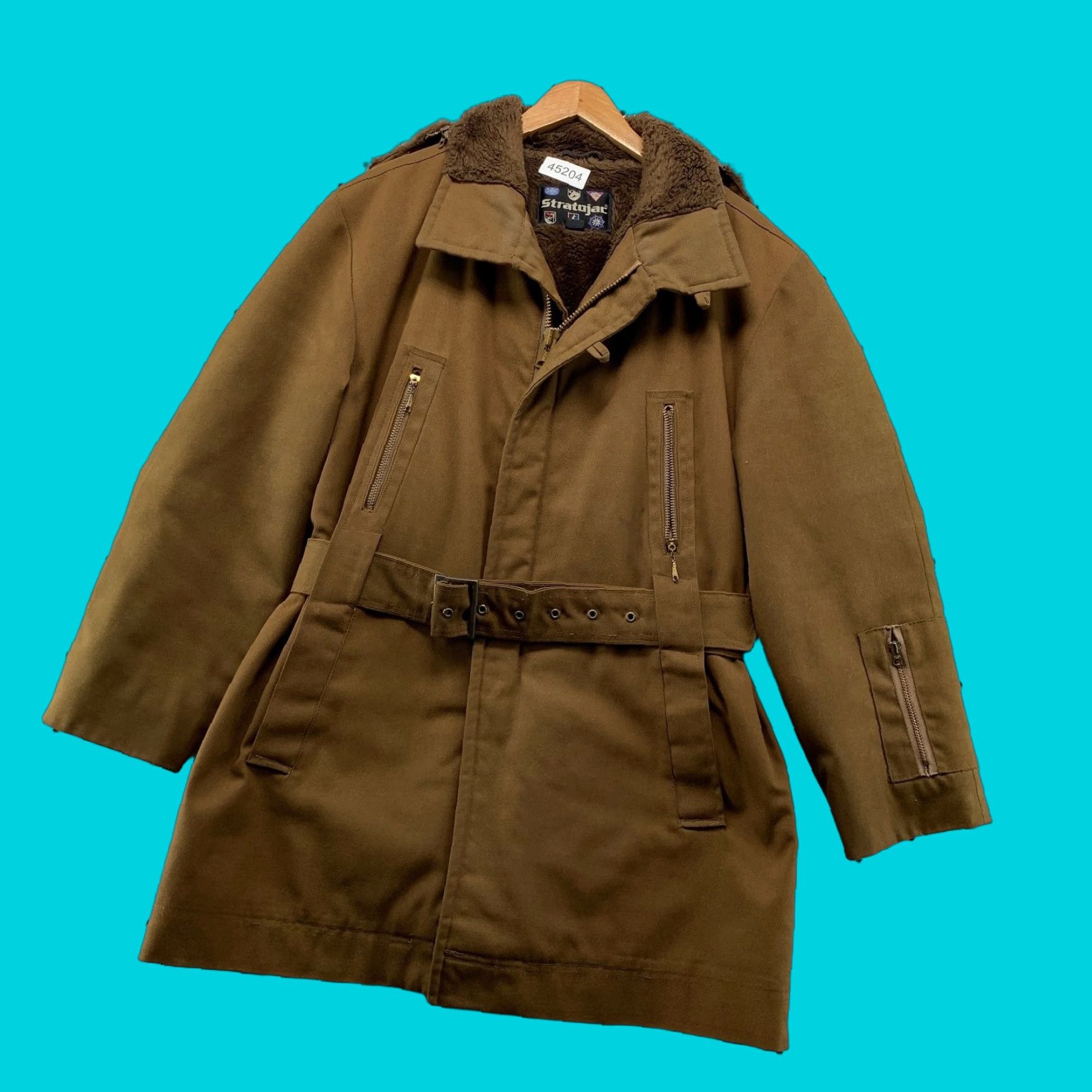 Vintage VINTAGE Stratojac Coat Mens 40 Brown Faux Fur Lined Belted Talon Zip Western 70s 80s Military Jacket Winter Fall Brown Mens Coat Size US XXS / EU 40 - 1 Thumbnail