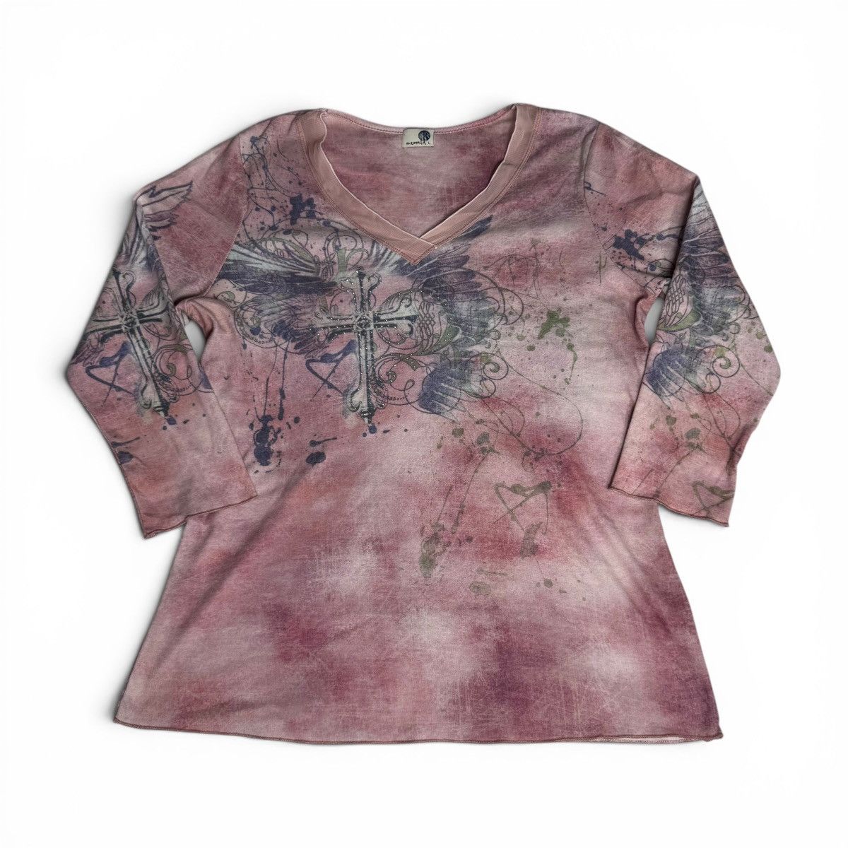 Other Oneworld Y2K Pink Grunge Graphic Cross Top w/ Rhinestones Size L / US 10 / IT 46 - 1 Thumbnail