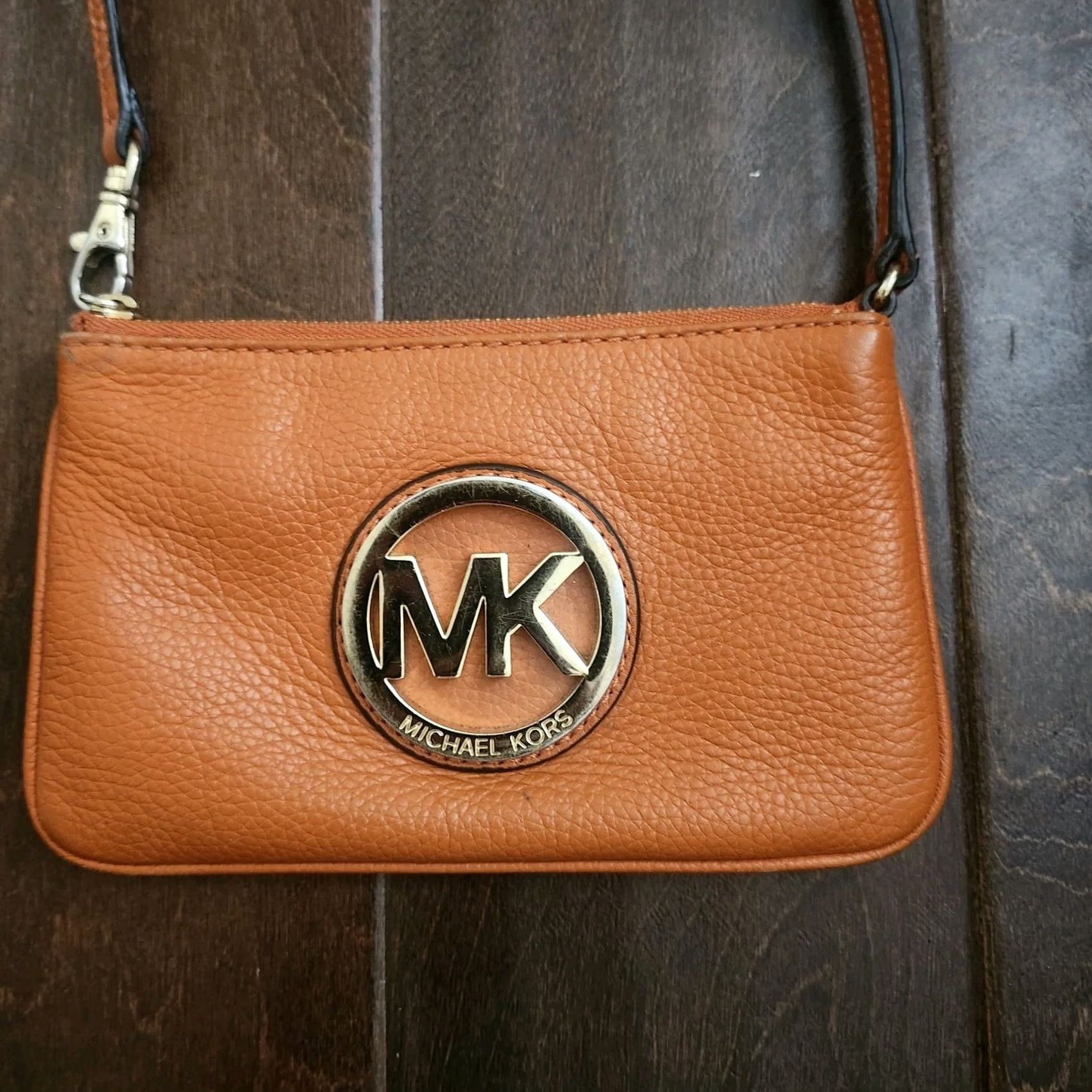 Michael Kors MICHAEL KORS SOFT PEBBLED GENUINE LEATHER MK LOGO WRISTLET in Tangerine Red Coral Red One Size Wristlet Womens Credit Card Zipper Strap Size ONE SIZE - 3 Thumbnail