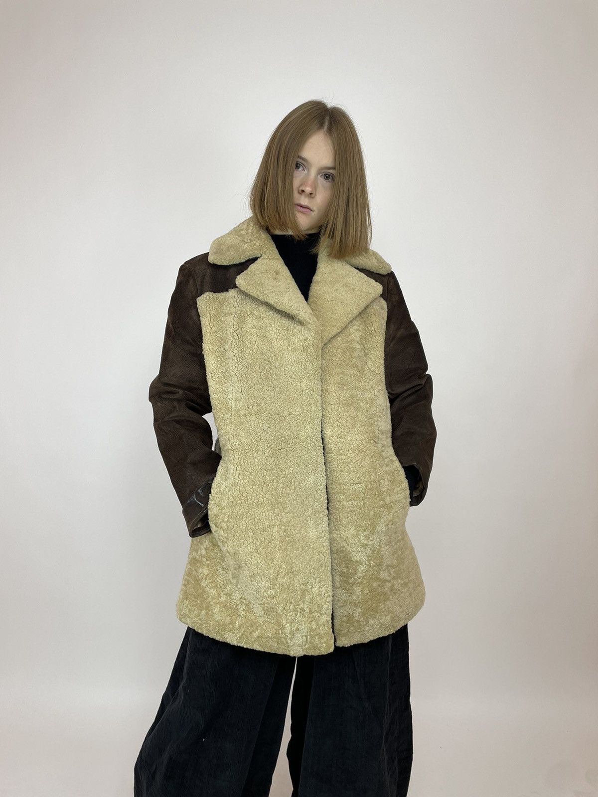 image of Leather Jacket x Vintage Sheepskin Coat Leather Winter Overcoat Women's in Beige/Brown (Size Small)