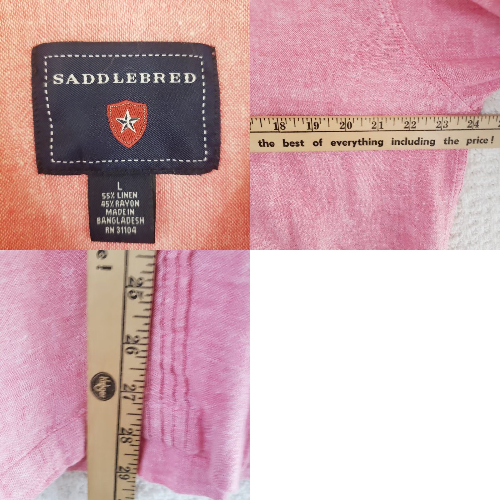 Pinko Saddlebred Shirt Mens L Button Front Classic Fit Linen Cotton Pink Short Sleeve Size US L / EU 52-54 / 3 - 8 Thumbnail