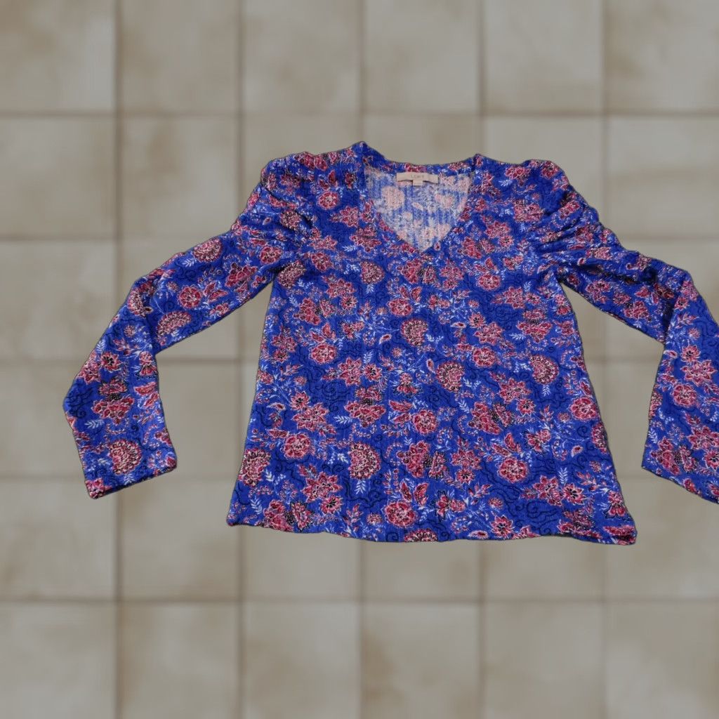 Loft VINTAGE LOFT Top Womens XS Blue Pink Floral Long Sleeve Ruched Blouse Stretch Boho Size XS / US 0-2 / IT 36-38 - 1 Thumbnail