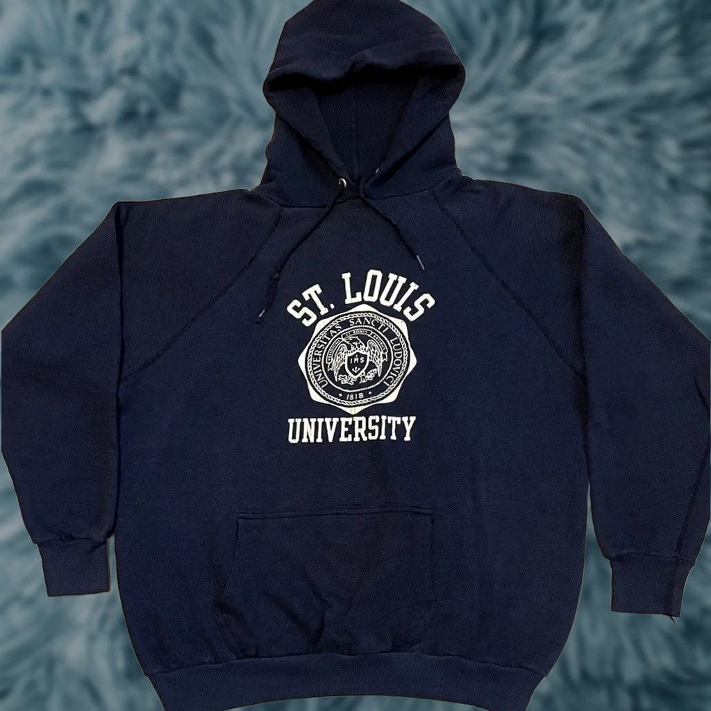 Vintage VINTAGE 70s St Louis University Hoodie Blue S USA College Track PE Army Grunge 60s Mens Size US S / EU 44-46 / 1 - 1 Thumbnail