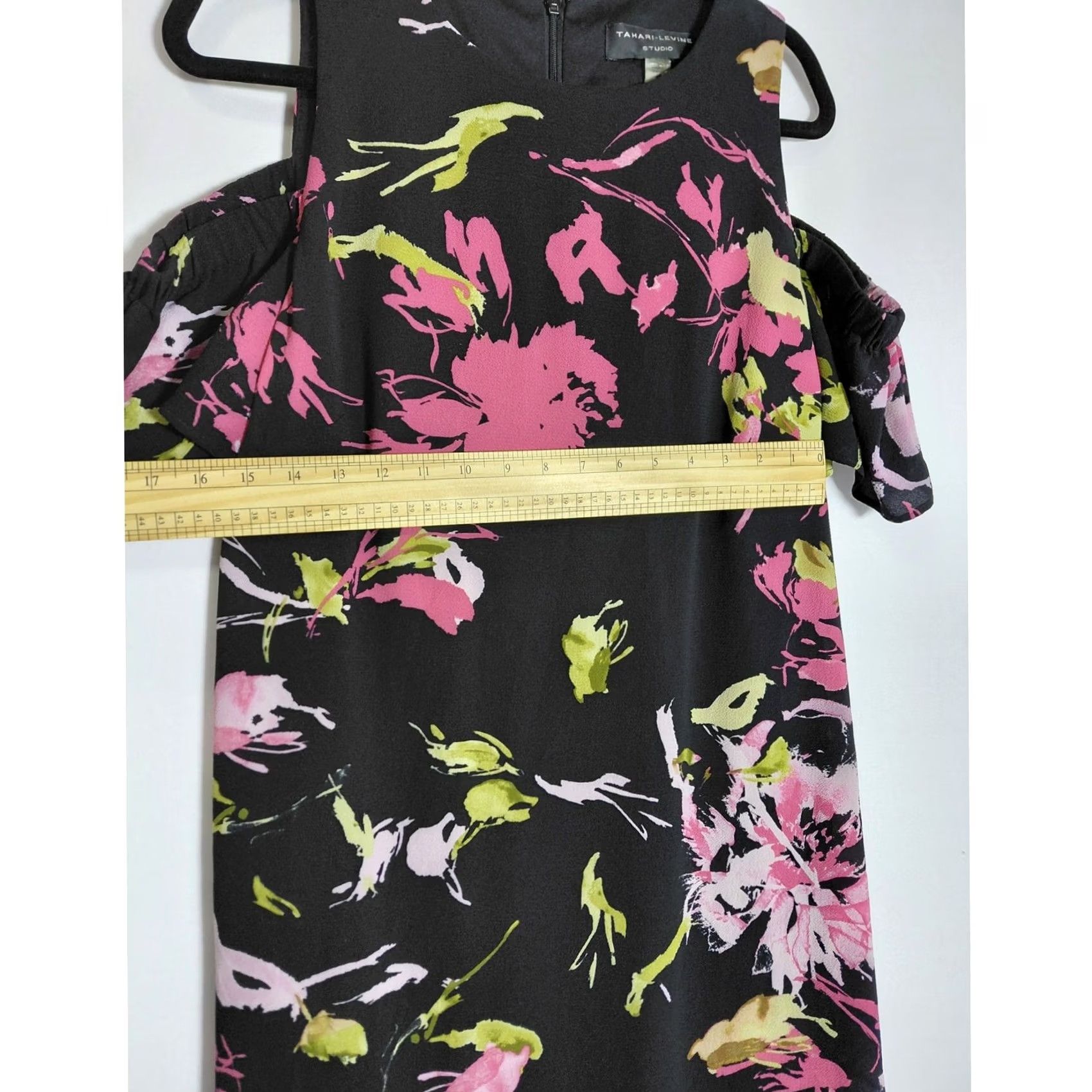 Madison TAHARI-LEVINE STUDIO Floral Cold Shoulder Dress Knee Length Size 10 Black Knit A-Line Short Sleeve Crew Neck Lined Polyester VINTAGE No Women"} Size L / US 10 / IT 46 - 6 Thumbnail