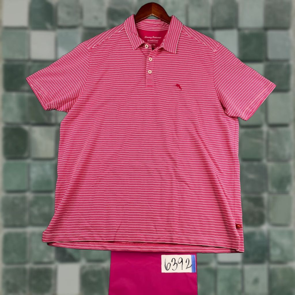 Tommy Bahama Tommy Bahama Island Zone Polo Shirt XL Pink White Striped Knit Mens Regular Fit Short Sleeve Collared Button Machine Washable Size US XL / EU 56 / 4 - 1 Thumbnail