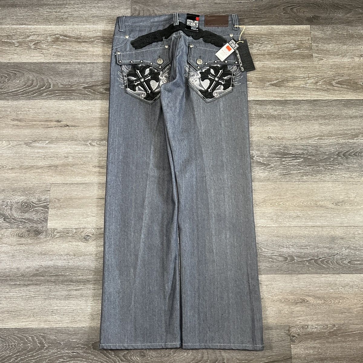 Pre-owned Affliction X Vintage Y2k Imperious Chrome Hearts Style Baggy Cross Jeans In Grey
