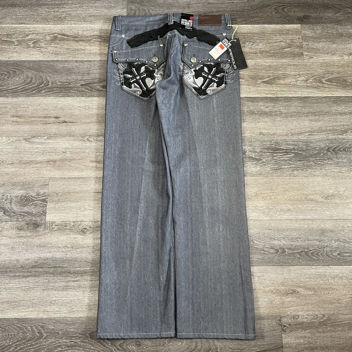 image of Affliction x Vintage Y2K Imperious Chrome Hearts Style Baggy Cross Jeans in Grey, Men's (Size 36)