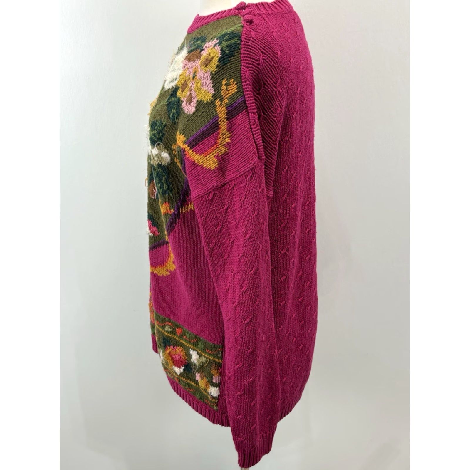 Vintage VINTAGE Michelle Stuart Studio Floral Sweater — Knit Pullover, Chunky Pink, 90s Cottagecore, Medium, Women, Casual Wear Size M / US 6-8 / IT 42-44 - 2 Thumbnail
