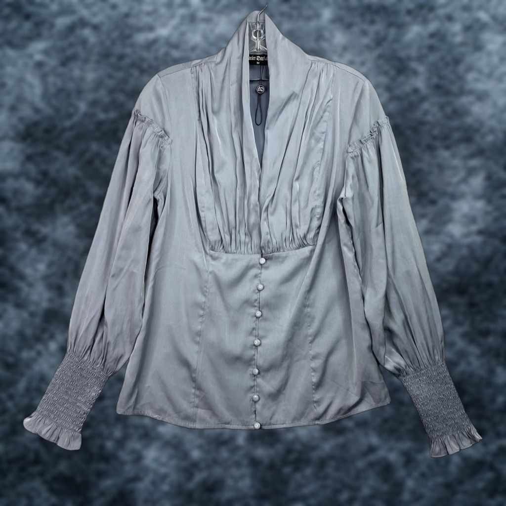 Vintage Scarlet Darkness Button-Up Shirt Womens M Gray Pleated Lightweight Cowl Neck Long Sleeve Modern Basic Size M / US 6-8 / IT 42-44 - 1 Thumbnail
