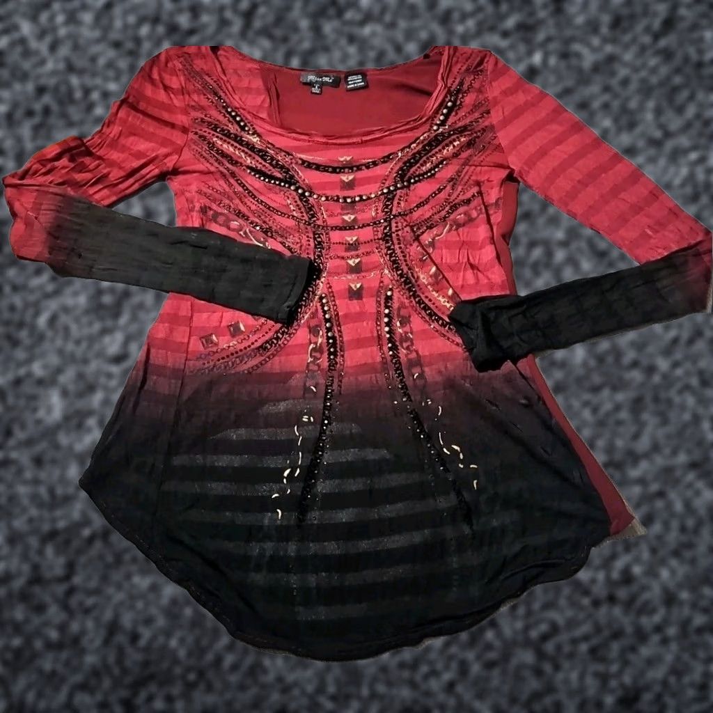 Miss Me VINTAGE Miss Womens Shirt S Red Embellished Grunge Preppy Y2k Batwing Shirt Womens M2 Size S / US 4 / IT 40 - 1 Thumbnail
