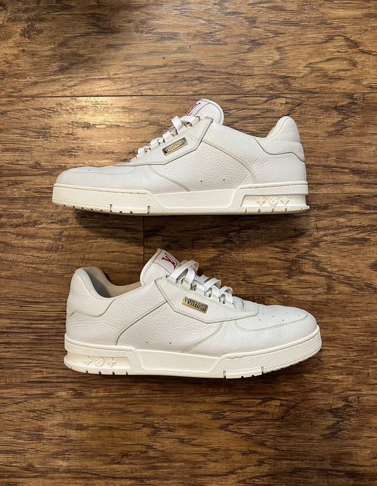 Louis Vuitton Trainer Sneaker – Triple White Monogram Denim & Grained Leather